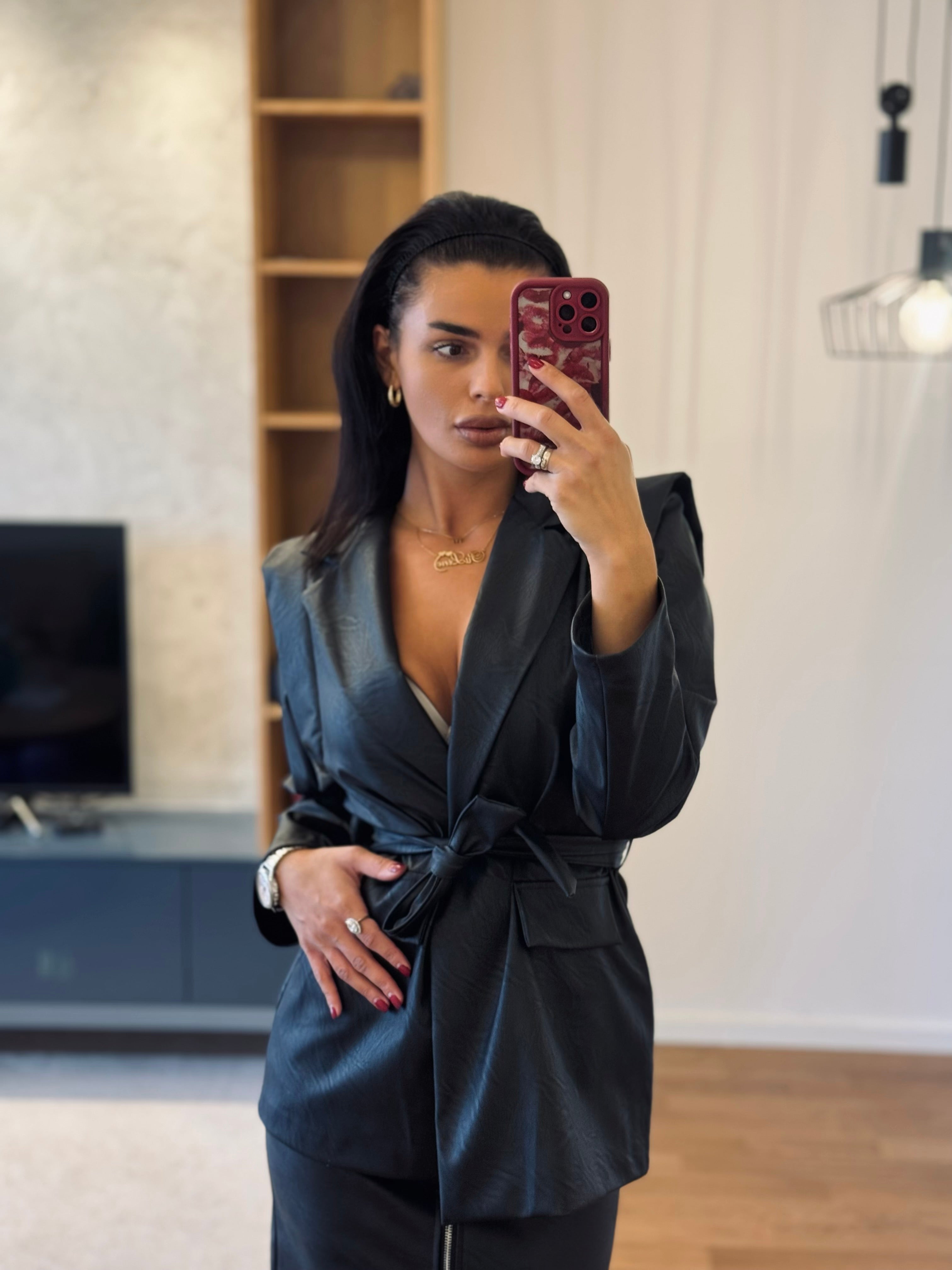 Kožni sako sa kaišem UNI oversize